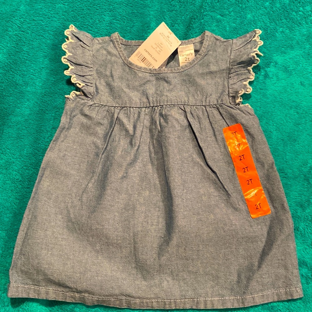 New - Blue Jean Top w/white embroidery on short sleeve